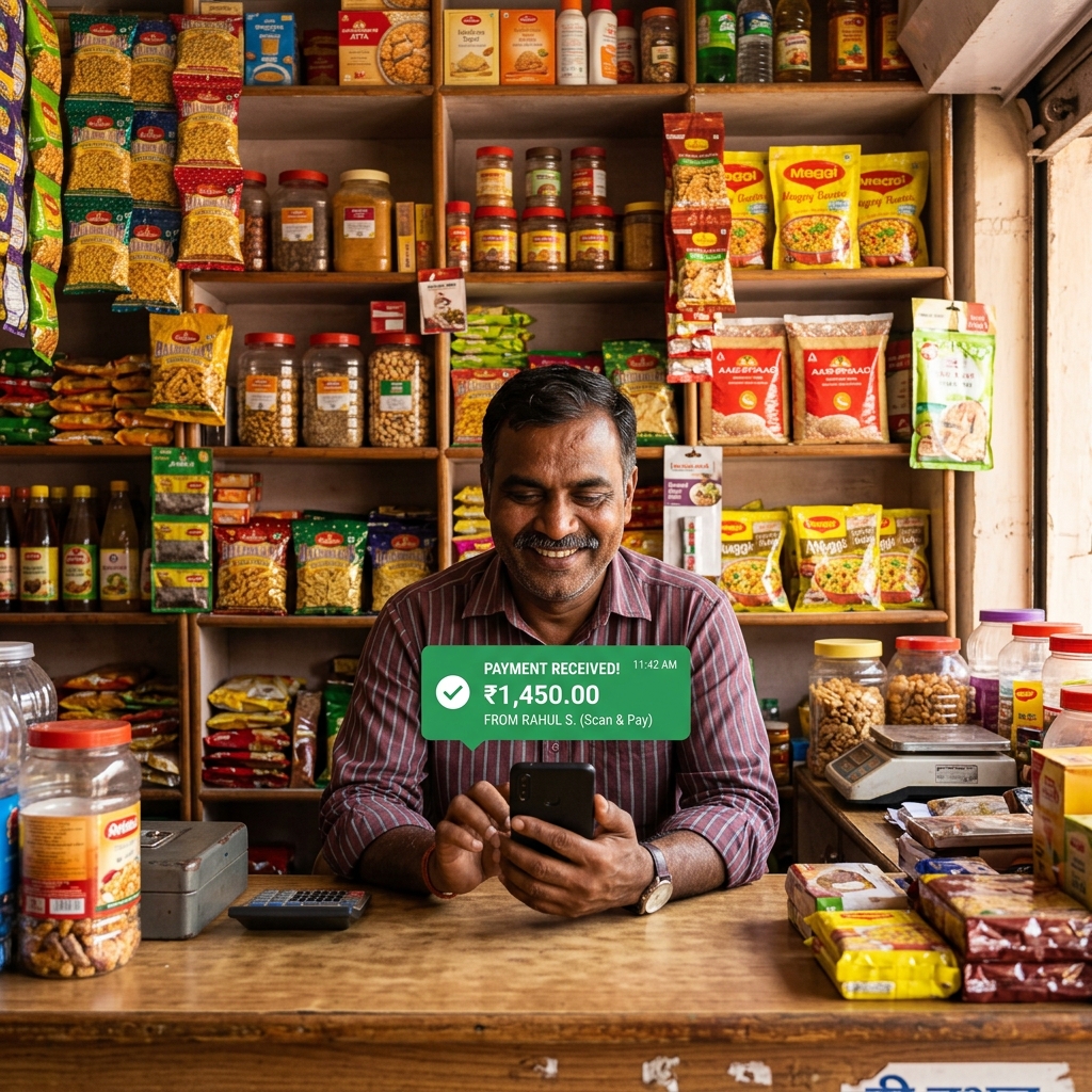Indian Kirana Store Owner checking payment notification on his smartphone